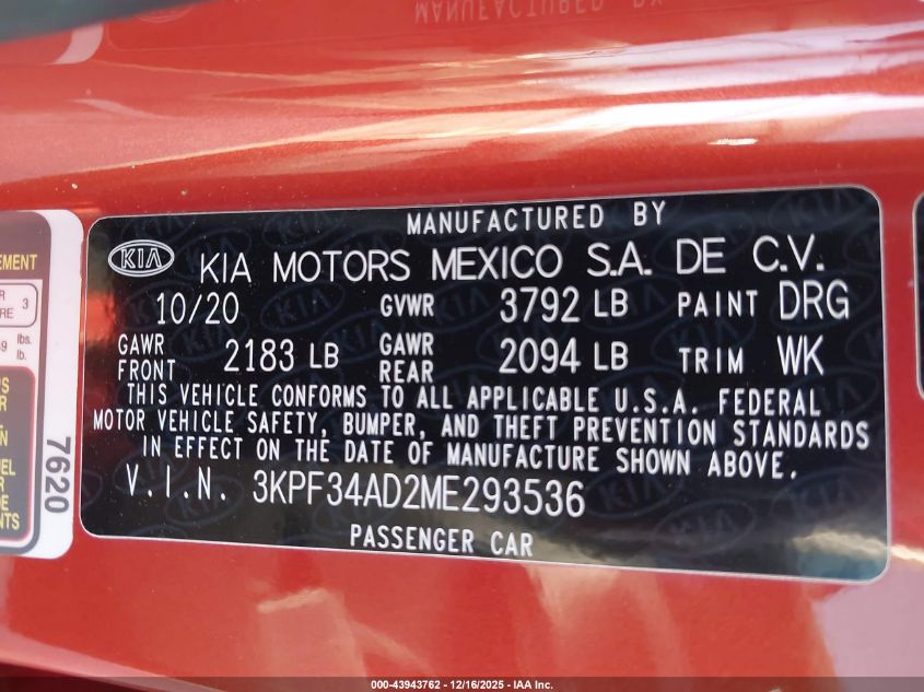 2021 Kia Forte Gt-Line VIN: 3KPF34AD2ME293536 Lot: 43943762