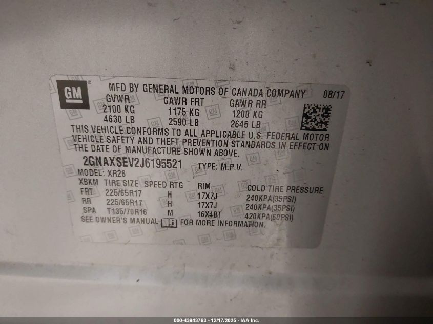 2018 Chevrolet Equinox Lt VIN: 2GNAXSEV2J6195521 Lot: 43943763