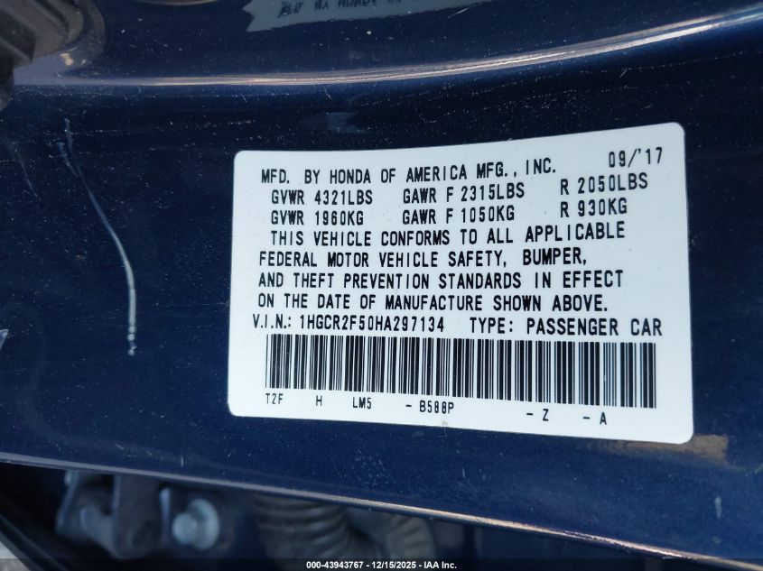 2017 Honda Accord Sport VIN: 1HGCR2F50HA297134 Lot: 43943767