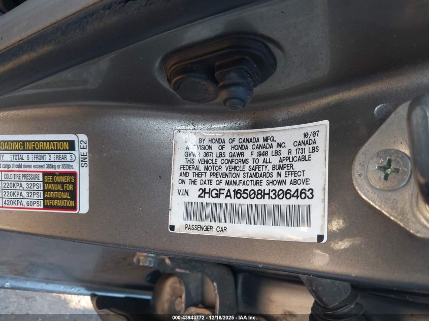 2008 Honda Civic Lx VIN: 2HGFA16508H306463 Lot: 43943772