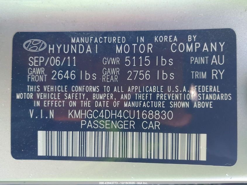 2012 Hyundai Genesis 5.0 R-Spec VIN: KMHGC4DH4CU168830 Lot: 43943773