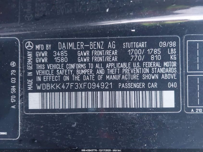 1999 Mercedes-Benz Slk 230 Kompressor VIN: WDBKK47F3XT094921 Lot: 43943776