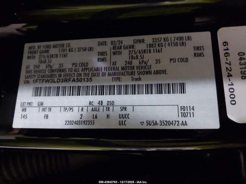 2024 Ford F-150 Xlt VIN: 1FTFW3LD3RFA50135 Lot: 43943783