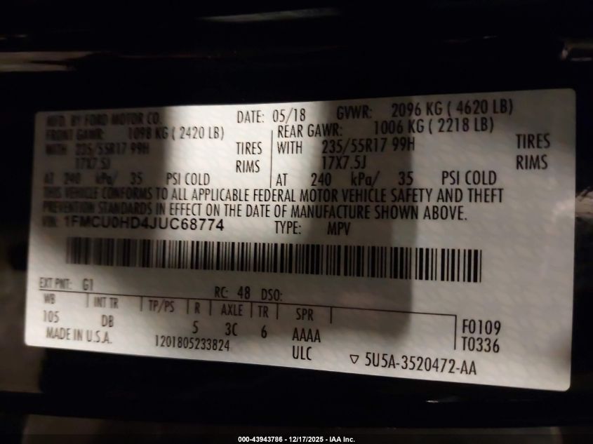 2018 Ford Escape Sel VIN: 1FMCU0HD4JUC68774 Lot: 43943786