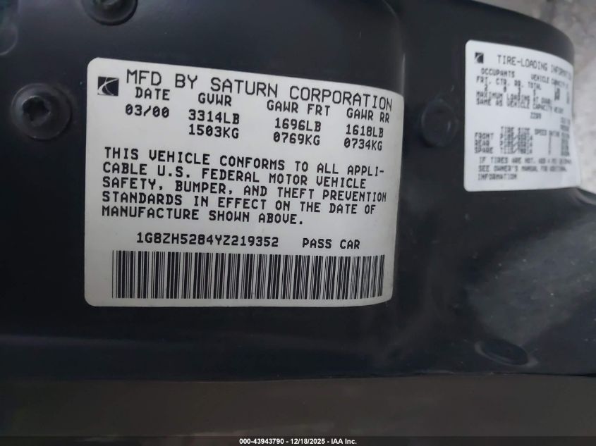 2000 Saturn Sl1 VIN: 1G8ZH5284YZ219352 Lot: 43943790