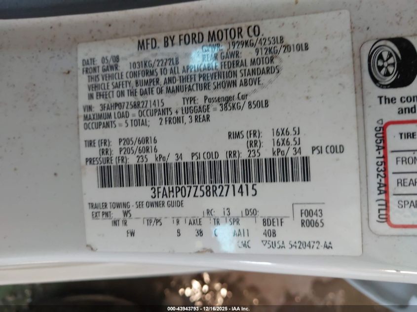 2008 Ford Fusion Se VIN: 3FAHP07Z58R271415 Lot: 43943793