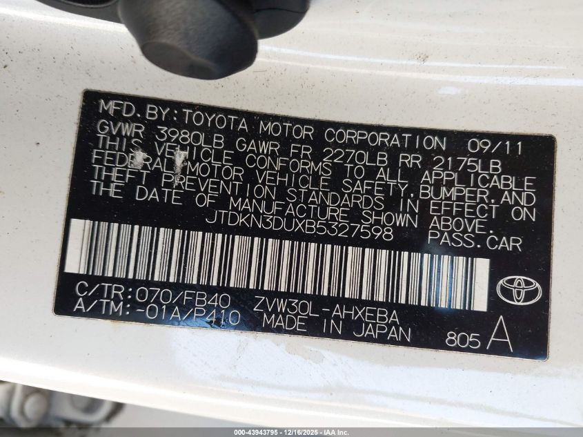 2011 Toyota Prius Three VIN: JTDKN3DUXB5327598 Lot: 43943795