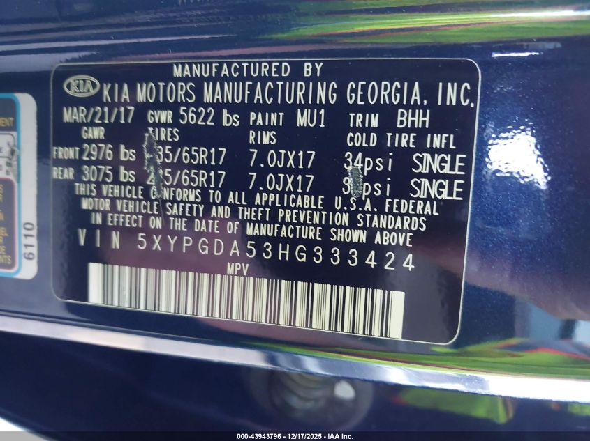 2017 Kia Sorento 3.3L Lx VIN: 5XYPGDA53HG333424 Lot: 43943796