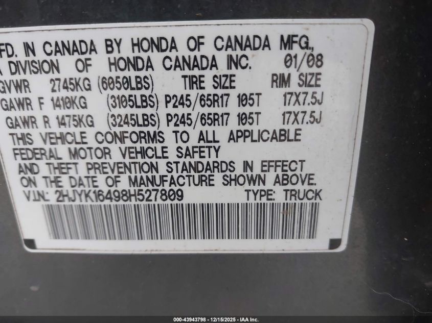 2008 Honda Ridgeline Rts VIN: 2HJYK16498H527809 Lot: 43943798