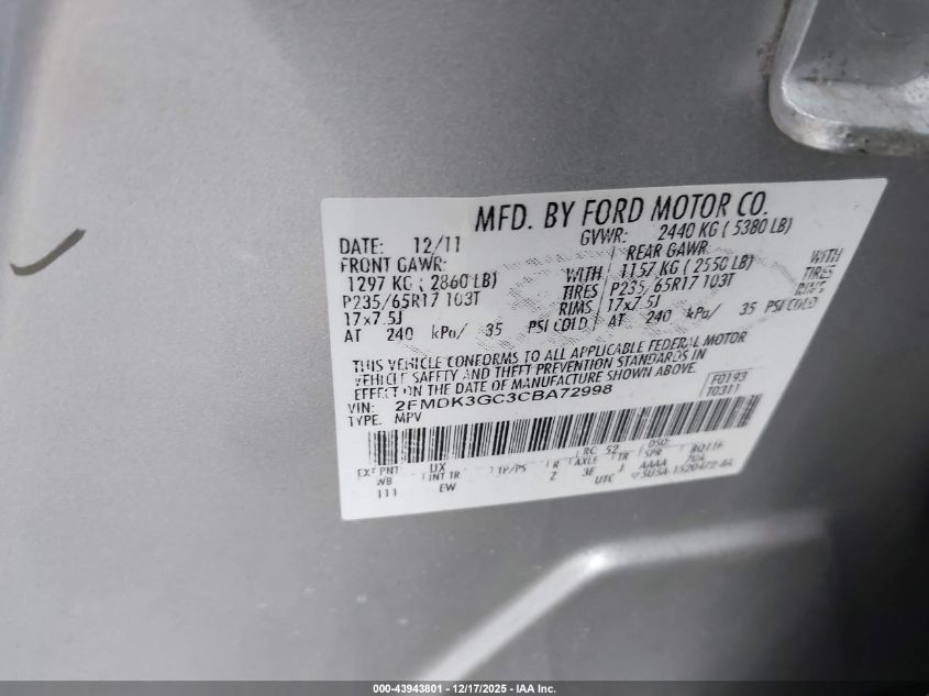 2012 Ford Edge Se VIN: 2FMDK3GC3CBA72998 Lot: 43943801