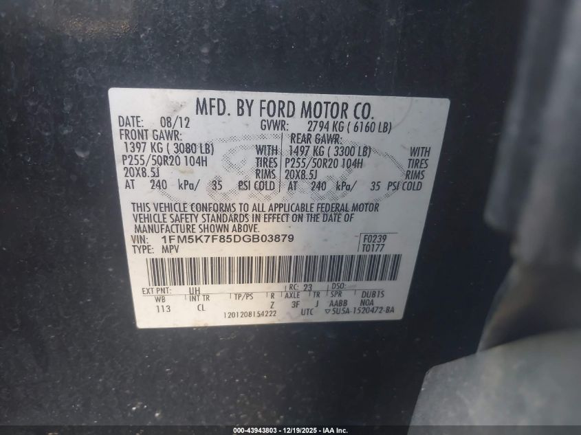 2013 Ford Explorer Limited VIN: 1FM5K7F85DGB03879 Lot: 43943803