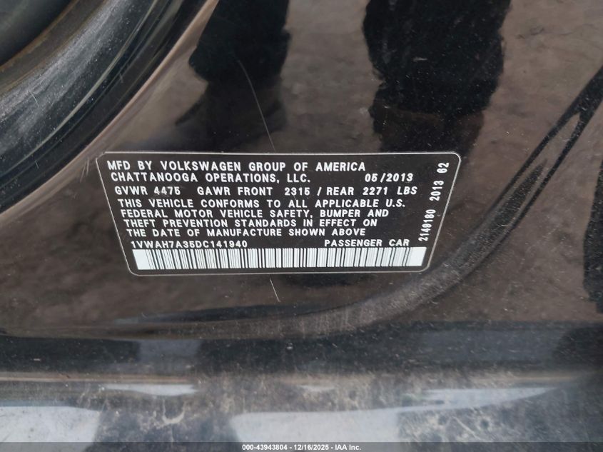 2013 Volkswagen Passat 2.5L Wolfsburg Edition VIN: 1VWAH7A35DC141940 Lot: 43943804