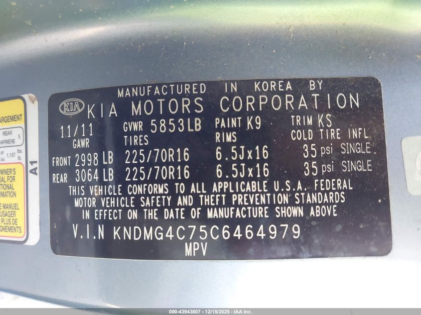 2012 Kia Sedona Lx VIN: KNDMG4C75C6464979 Lot: 43943807