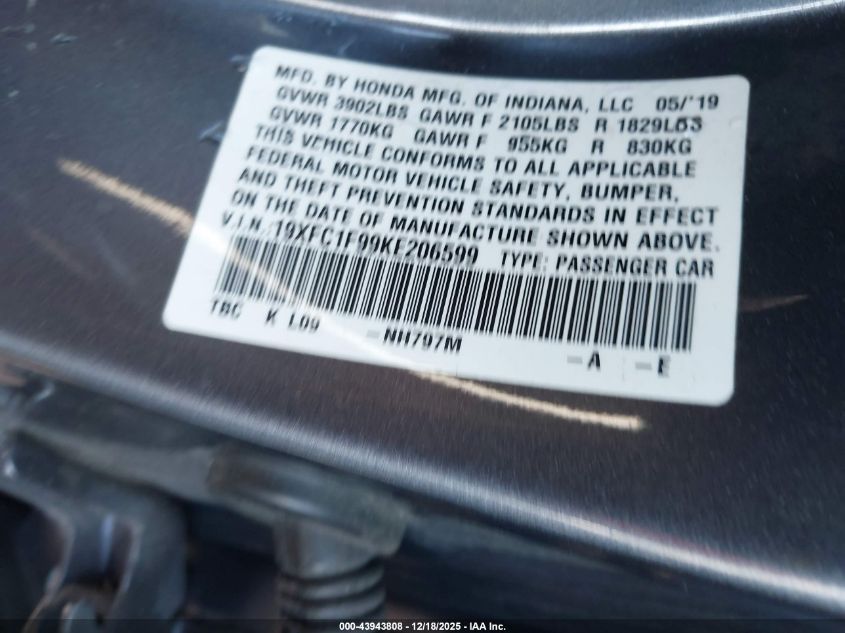 2019 Honda Civic Touring VIN: 19XFC1F99KE206599 Lot: 43943808