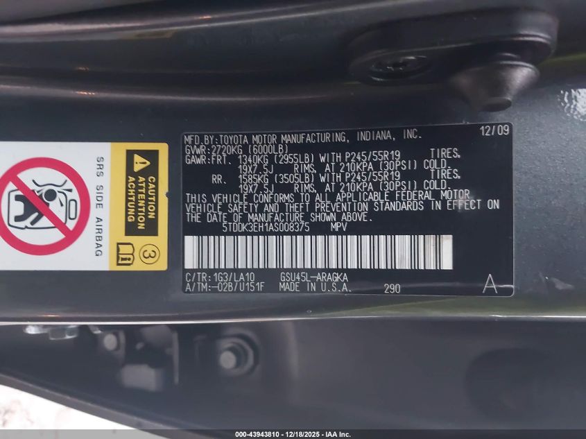 2010 Toyota Highlander Limited V6 VIN: 5TDDK3EH1AS008375 Lot: 43943810