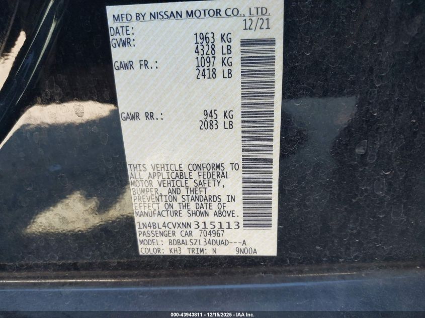 2022 Nissan Altima Sr Fwd VIN: 1N4BL4CVXNN315113 Lot: 43943811