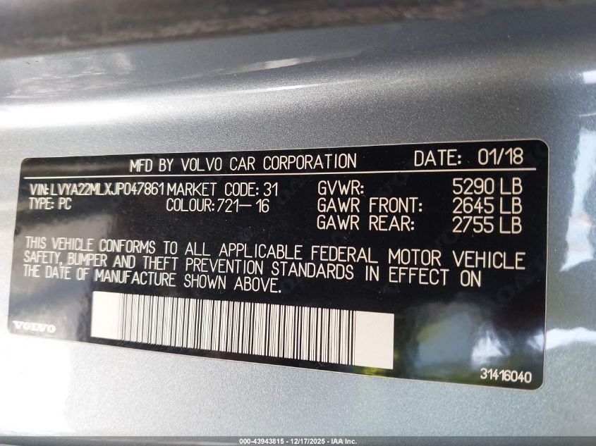 2018 Volvo S90 T6 Inscription VIN: LVYA22MLXJP047861 Lot: 43943815