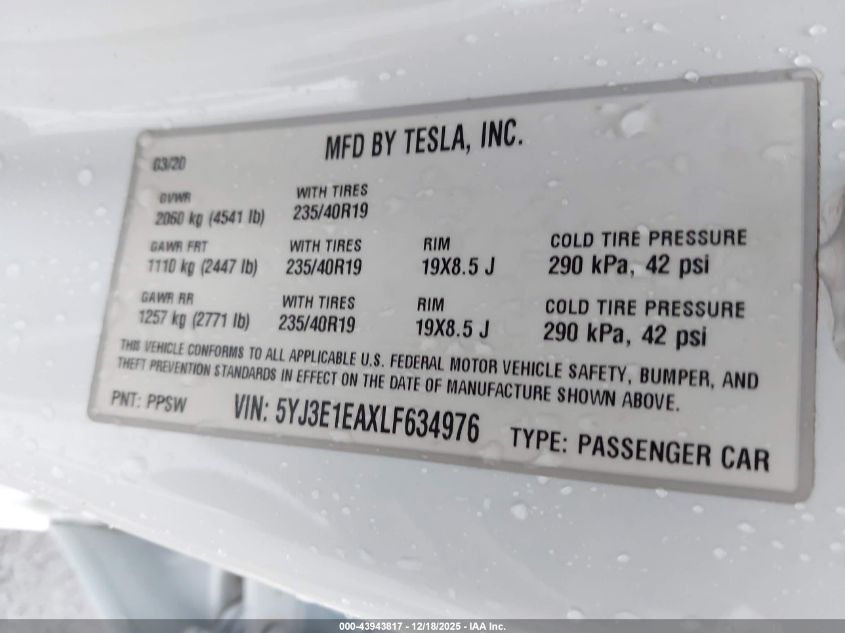 2020 Tesla Model 3 Standard Range Plus Rear-Wheel Drive/Standard Range Rear-Wheel Drive VIN: 5YJ3E1EAXLF634976 Lot: 43943817