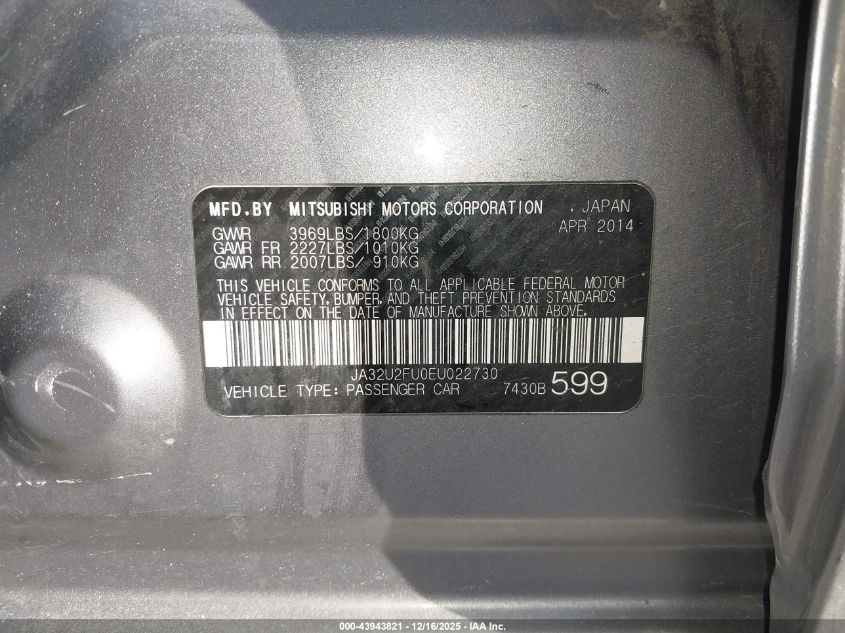 2014 Mitsubishi Lancer Es VIN: JA32U2FU0EU022730 Lot: 43943821