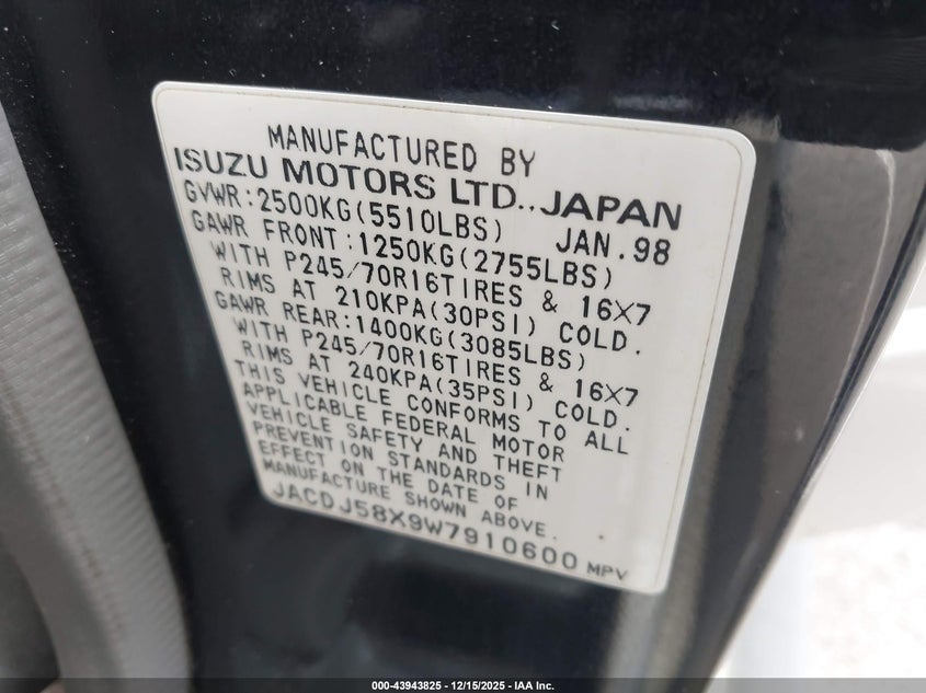 1998 Isuzu Trooper S VIN: JACDJ58X9W7910600 Lot: 43943825