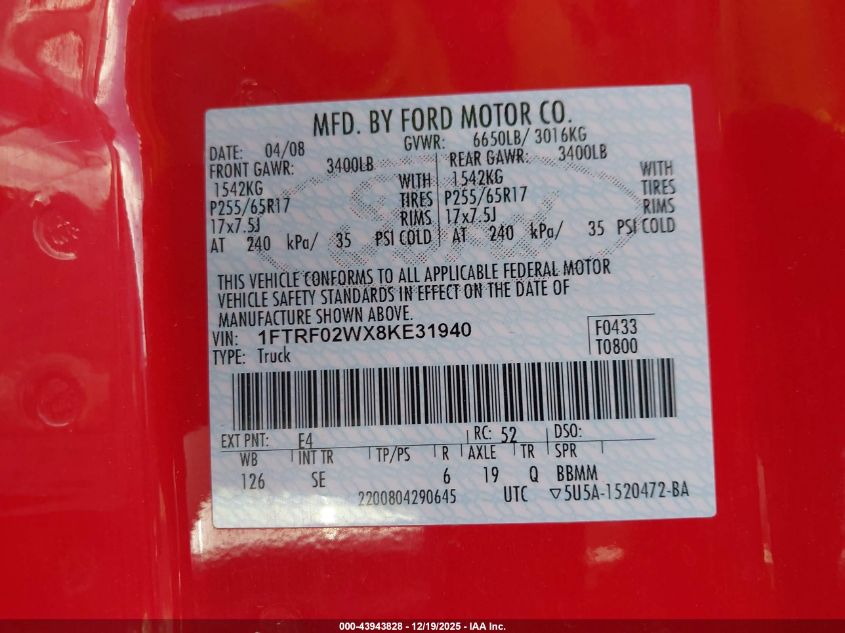 2008 Ford F-150 Fx2/Stx/Xlt VIN: 1FTRF02WX8KE31940 Lot: 43943828