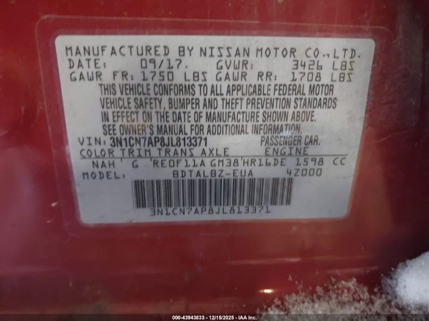 2018 Nissan Versa 1.6 Sv VIN: 3N1CN7AP8JL813371 Lot: 43943833