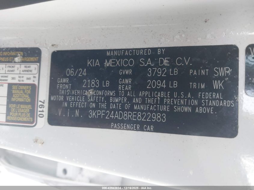2024 Kia Forte Lxs VIN: 3KPF24AD8RE822983 Lot: 43943834