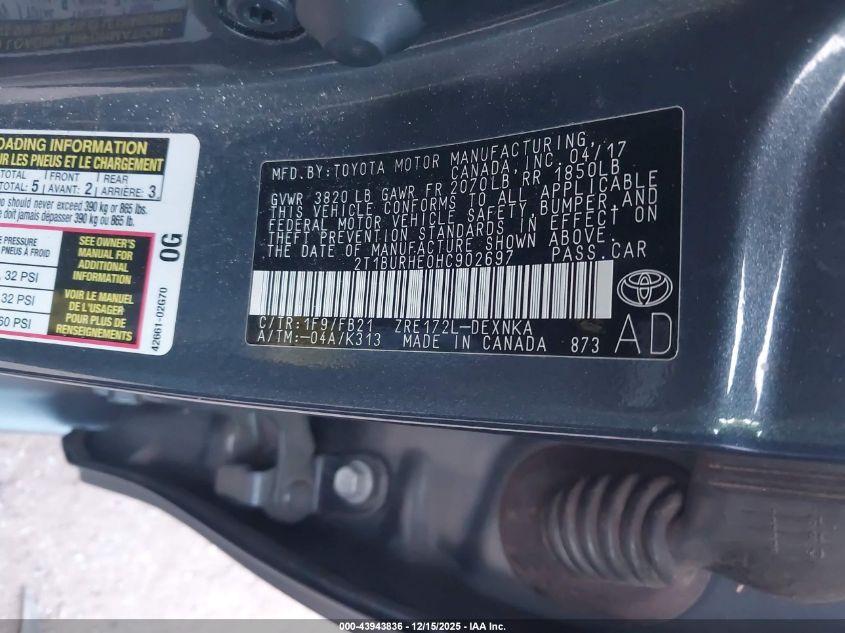 2017 Toyota Corolla Le VIN: 2T1BURHE0HC902697 Lot: 43943836