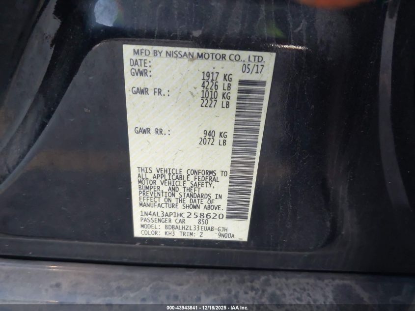2017 Nissan Altima 2.5 Sr VIN: 1N4AL3AP1HC258620 Lot: 43943841