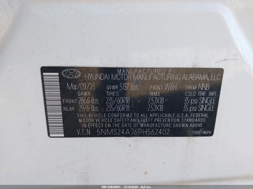 2023 Hyundai Santa Fe Sel VIN: 5NMS24AJ6PH562402 Lot: 43943851