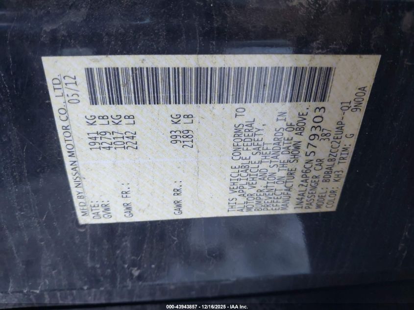 2012 Nissan Altima 2.5 S VIN: 1N4AL2AP6CN579303 Lot: 43943857