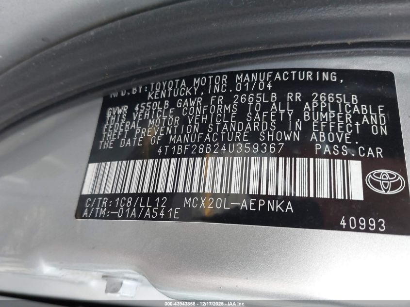 2004 Toyota Avalon Xl VIN: 4T1BF28B24U359367 Lot: 43943858