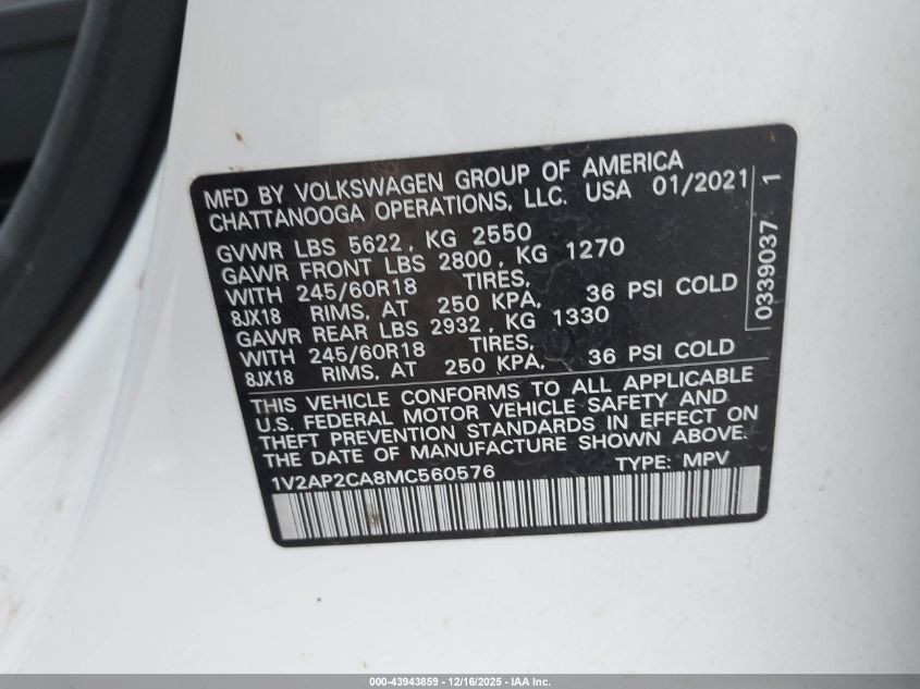 2021 Volkswagen Atlas 2.0T S VIN: 1V2AP2CA8MC560576 Lot: 43943859