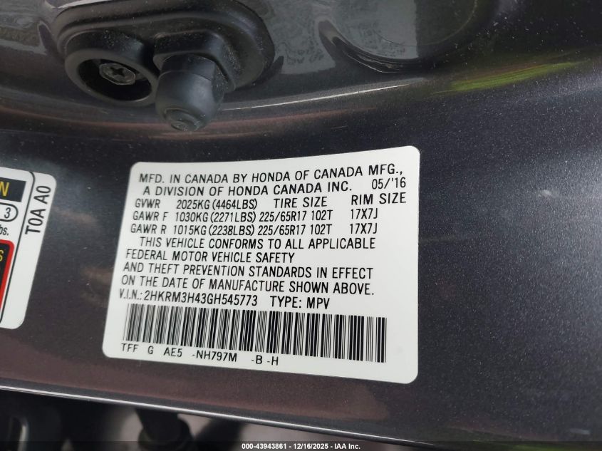 2016 Honda Cr-V Se VIN: 2HKRM3H43GH545773 Lot: 43943861