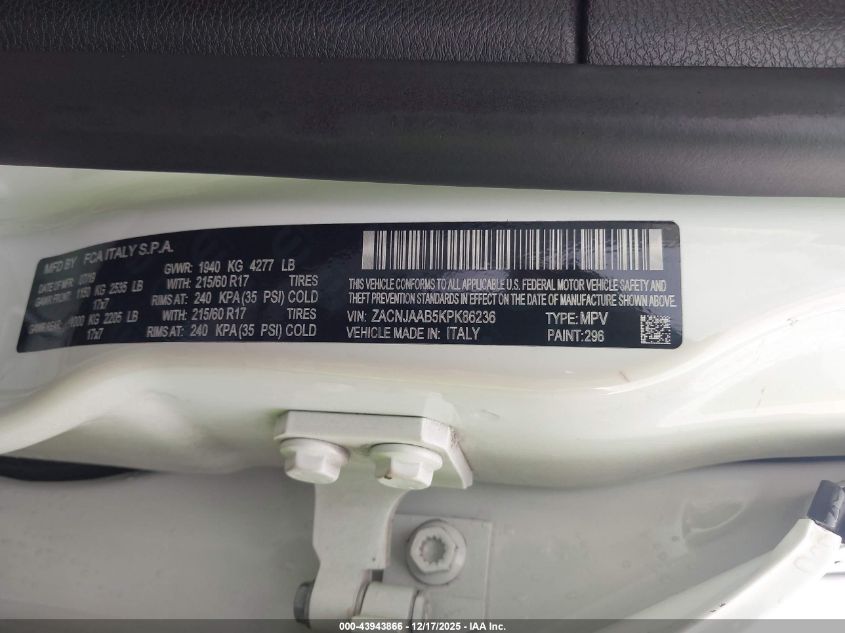 2019 Jeep Renegade Sport Fwd VIN: ZACNJAAB5KPK86236 Lot: 43943866