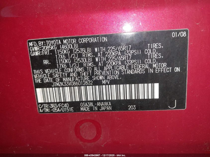 2008 Toyota Rav4 Base V6 VIN: JTMZK33V086012832 Lot: 43943867