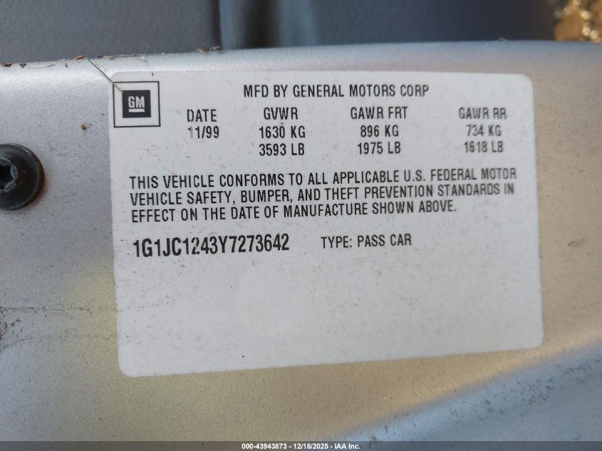 2000 Chevrolet Cavalier VIN: 1G1JC1243Y7273642 Lot: 43943873