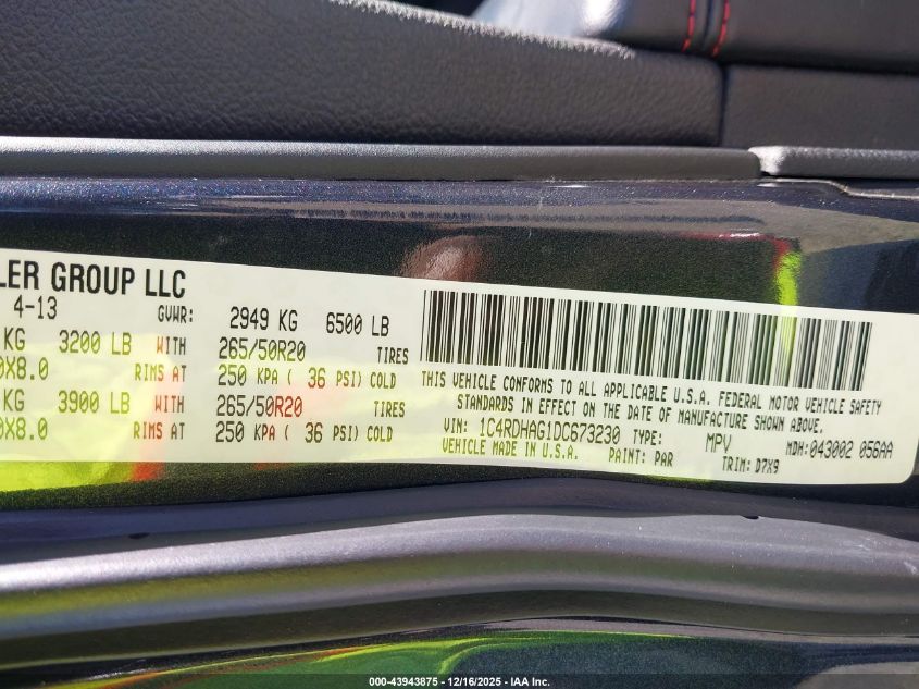 2013 Dodge Durango Sxt VIN: 1C4RDHAG1DC673230 Lot: 43943875