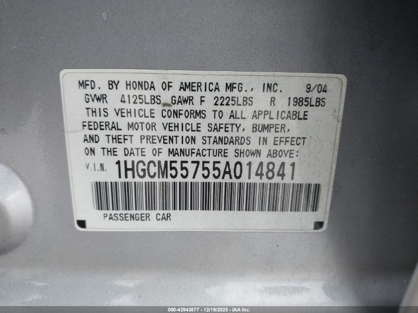 2005 Honda Accord 2.4 Ex VIN: 1HGCM55755A014841 Lot: 43943877