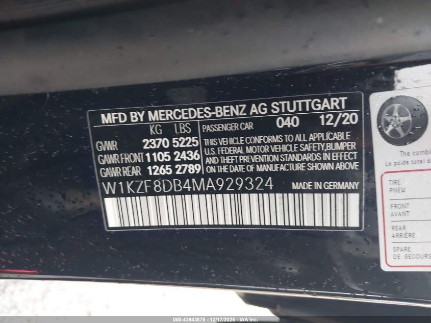 2021 Mercedes-Benz E 350 VIN: W1KZF8DB4MA929324 Lot: 43943878