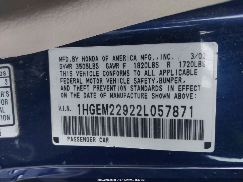 2002 Honda Civic Ex VIN: 1HGEM22922L057871 Lot: 43943880