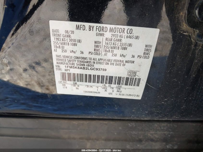 2020 Ford Police Interceptor Utility VIN: 1FM5K8AB2LGC93759 Lot: 43943884