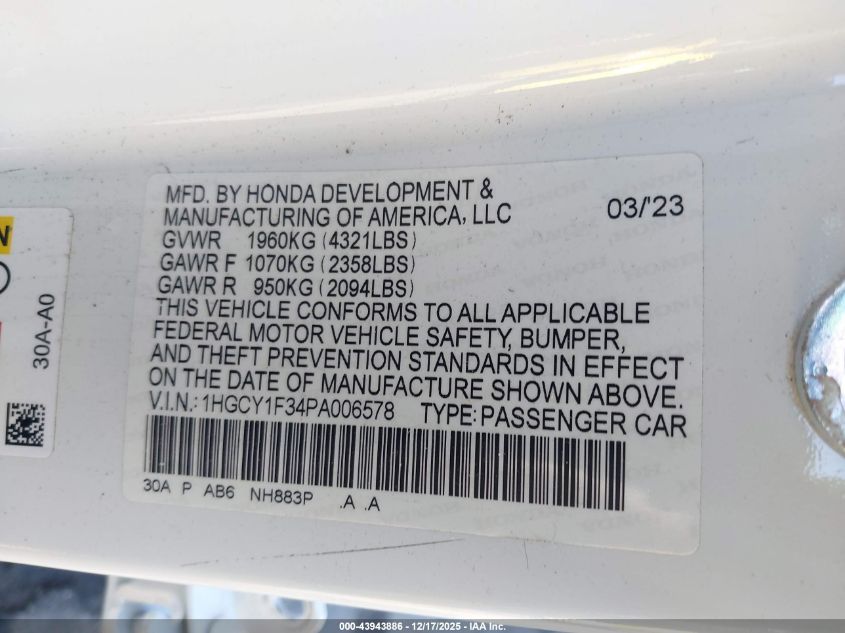 2023 Honda Accord Ex VIN: 1HGCY1F34PA006578 Lot: 43943886
