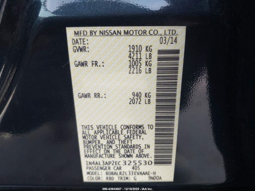 2014 Nissan Altima 2.5 S VIN: 1N4AL3AP2EC325530 Lot: 43943887