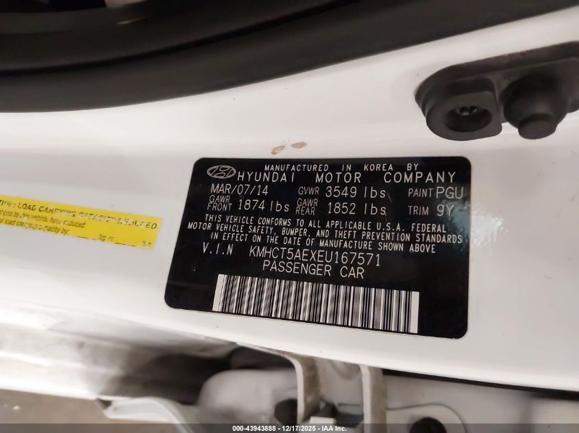 2014 Hyundai Accent Gs VIN: KMHCT5AEXEU167571 Lot: 43943888