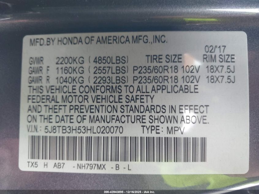 2017 Acura Rdx Technology Acurawatch Plus Packages/W/Technology Package VIN: 5J8TB3H53HL020070 Lot: 43943895