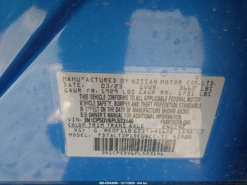 2023 Nissan Kicks Sr Xtronic Cvt VIN: 3N1CP5DV6PL523146 Lot: 43943896