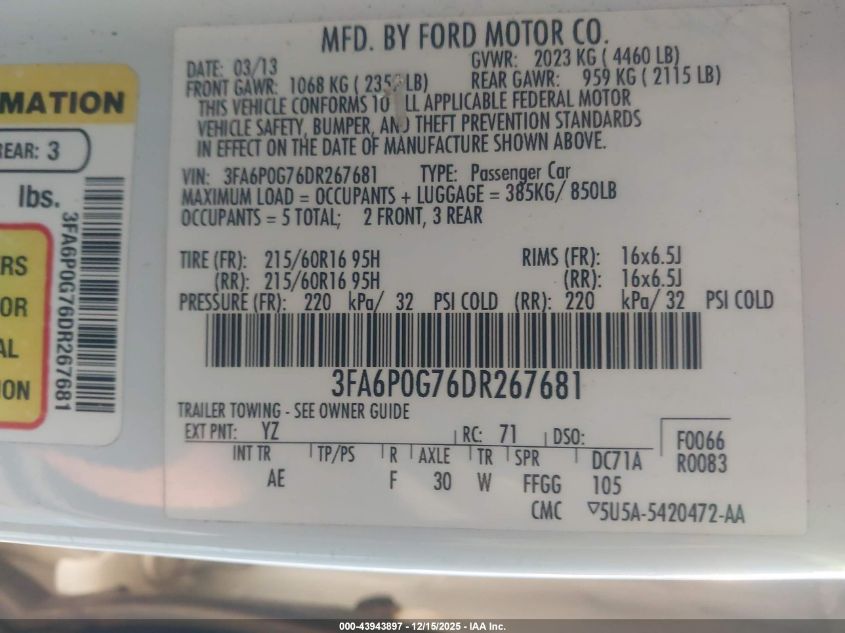 2013 Ford Fusion S VIN: 3FA6P0G76DR267681 Lot: 43943897