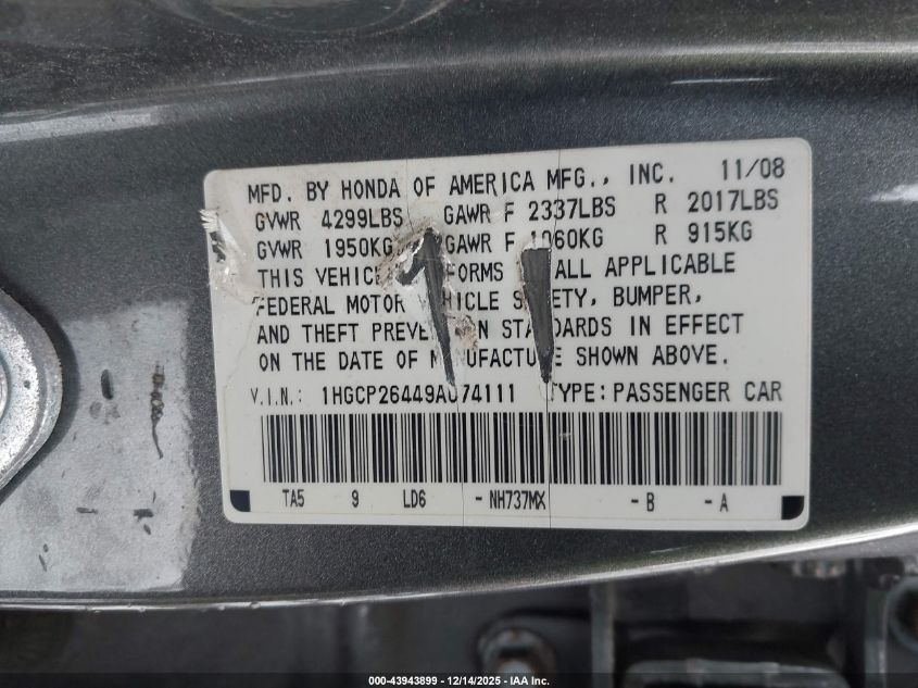 2009 Honda Accord 2.4 Lx-P VIN: 1HGCP26449A074111 Lot: 43943899