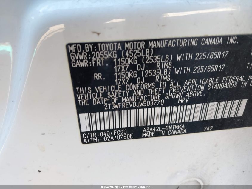 2018 Toyota Rav4 Xle VIN: 2T3WFREV0JW503770 Lot: 43943902